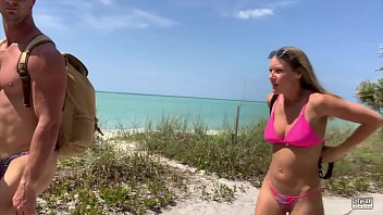 Hot girl and hot guy wear thongs to the beach and then fuck