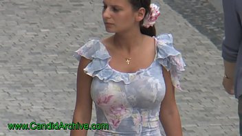 Busty candid girl with tight top walking down the street, amazing bouncing boobs