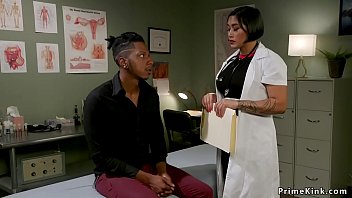 Busty brunette Asian doctor wanks off with two hands big black cock to patient