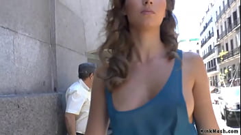 Hot ass brunette slave Cristal Cherry in blue sheer dress is public d. on a leash on Spanish streets then fucked at secluded place
