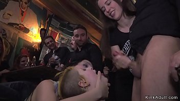 In Spanish public bar two slaves giving deep throat blowjobs