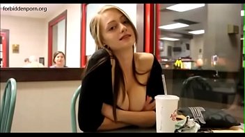 Busty blonde exhibs in a burger