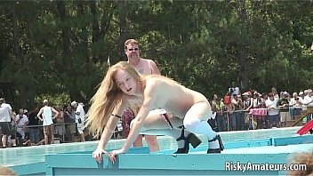 Amateur blonde is on the stage teasing the crowd