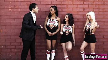 Three cheerleaders have summoned the tattooed devil and in his lair they sign a contract to stay young.It needs to be consumed so while two are sucking his cock one licks her friends pussy