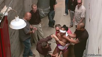 Master Karlo Karrera drags hot natural big tits ebony slave Layton Benton in hidden alley and there for public fucks her pink pussy with big dick