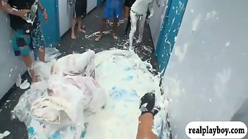 Horny dorm mates tag of war soaked in whipcream in inflatable pool then take a bath before having fun in the room