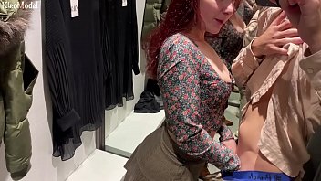 Red-haired girlfriend suck cock in fitting room. KleoModel