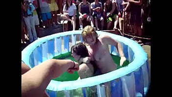 Topless Public Pool Wrestling Part 2 - Tits out an audience pleaser