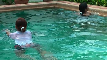 Thaiprincess have fun in the pool getting her y. cousins to show off their firm tits