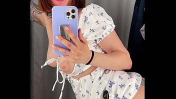 Fitting room public sex, blowjob and cum swallow - redhead wife KleoModel
