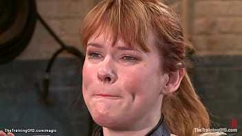 Bent redhead trainee Claire Robbins gets ass flogged and paddled by master James Mogul then in sitting position vibed till on knees mouth fucked by huge cock gimp Owen Gray