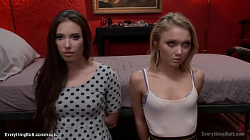 Blonde big boobs blonde MILF dominatrix Aiden Starr undresses two beautiful slim lesbians Casey Calvert and Dakota Skye then anal toys them
