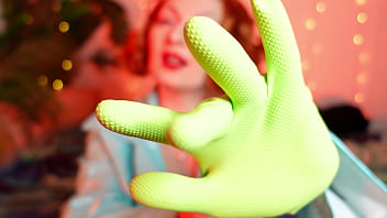 sexy redheaded woman with green household gloves - latex fun! pussy play