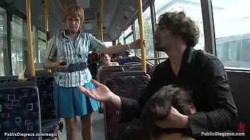 Brunette Euro slut Niki Sweet is bound and fucked in public bus then nipples clamped and face fucked in the woods by big cock master Zenza Raggi